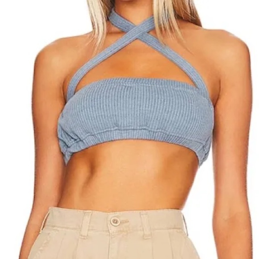 WeWoreWhat Ribbed Cozy Tie Halter Bra Top Small Wide Rib Blue Storm